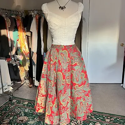Vintage 70s Handmade Skirt Small Red Paisley Full Circle Midlength Cottagecore • $35