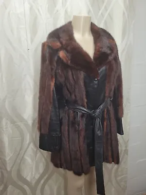 Vintage 70's Real Genuine Ranch Mink Paneled Leather Fur Mid Length Coat • $500