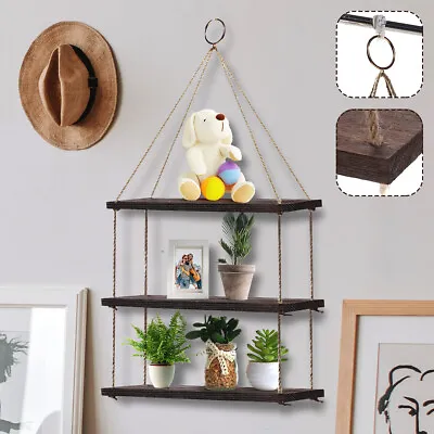 £6.92 • Buy 3 Tier Hanging Plant Shelf Rope Farmhouse Wooden Floating Bookshelves For Wall