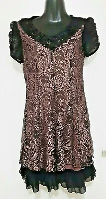$19.50 • Buy Size 10 Women's Black & Dusty Pink Short Sleeve Floral Lacy Frilly Pretty Dress 