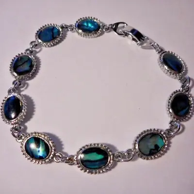 Vintage Silver Tone Blue Green Inlay Chain Bracelet 7.5  • $10