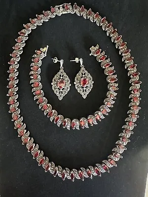 Vintage 925 Sterling Silver Garnet & Marcasite Beautiful Set • $350