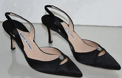 New Manolo Blahnik Carolyne Pumps Satin Black Crystals Jeweled Cut Out Shoes 37 • $375