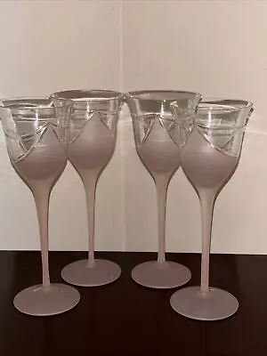 VTG Art Deco Melinda Long Stem Wine Glasses Stemware Etched Pink Cut Swirl 4 • $65
