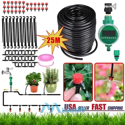 25M Drip Irrigation System Garden Lawn Plant Timer Self Watering Hose Spray Kit • $10.89