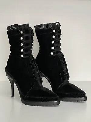 $250 • Buy Vintage Alexander Wang Black Velvet Lara Combat Stiletto Lace-up Ankle Boots 