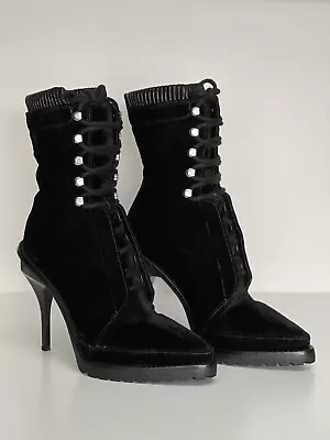 Vintage Alexander Wang Black Velvet Lara Combat Stiletto Lace-up Ankle Boots  • $250