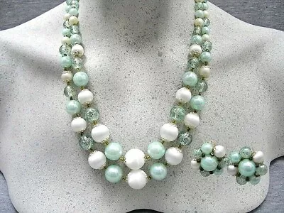 JAPAN VTG Necklace Earring Set Green Iridescent Bead Soap Bubble Confetti Lucite • $35