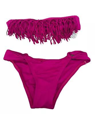 L Space Swimsuit Bikini Set Size Small Full Cut Bandeau Fringe 2 Piece Berry • $44.99