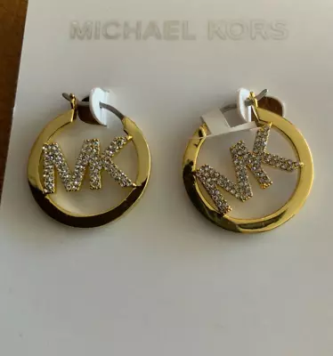 Michael KORS 25mm 14K Gold Over Brass Pave Logo Hoop Earrings NWT $139 • $49