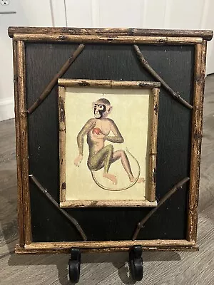 Unique Vintage Twig Frame Monkey With Apple Painting/Picture • $50