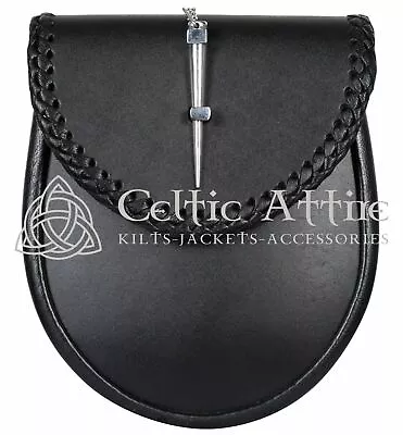 Black Leather Scottish KILT SPORRAN - Hand Engraved Simple And Elegant Design • $41.16