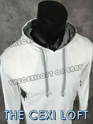 Mens Hoodie T-Shirt White Quilted Suede Trim SLIM FIT Designer RNZ Long Sleeve • $5.99