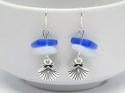 $4.50 • Buy Moonstone Opal & Sapphire Blue Sea Glass Earrings, SEA SHELL Charm