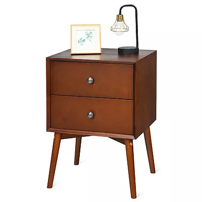 Nightstand Mid-Century End Side 2-Drawer Table W/Rubber Wood Legs For Bedroom • $79.99