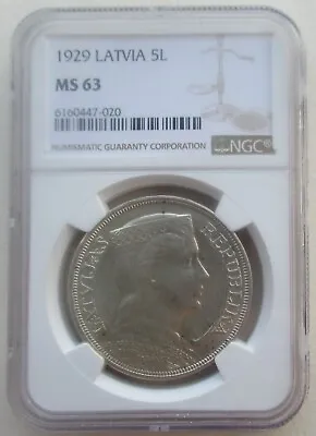 NGC MS63 Latvia 1929 Silver Coin 5 Lati • $475
