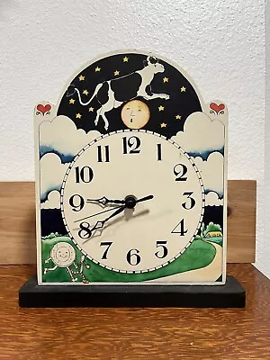 Vintage Folk Art Wood Clock SIGNED Hand Painted Battery Operated Nursey Rhymes • $28