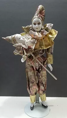 Vintage Porcelain Gold Mardi Gras Jester Harlequin Doll Musical W/Stand 16”  • $28.97