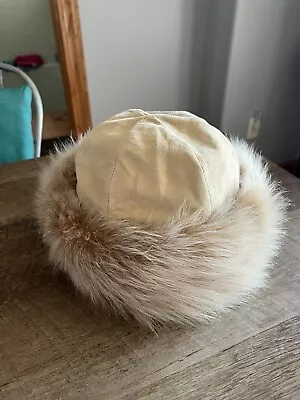 Vintage Saks Fifth Avenue Fur Leather Hat Tan Beige • $29.99