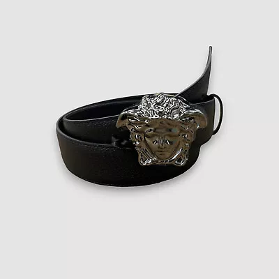 $478 Versace Men's Black La Medusa Buckle Adjustable Leather Belt Size 38in 95cm • $168.38