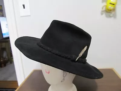 Vtg. Minnetonka Black Genuine Leather Hat W/accent Feather - Size Xl - Nice Hat* • $25