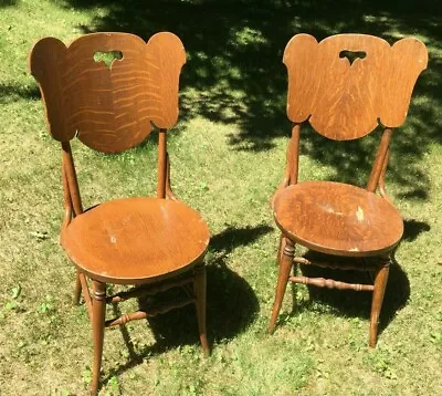 **Vintage ANTIQUE DINING CHAIRS FLAMED MAPLE SCROLL CUT ROUND SEAT PAIR SLAB • $175