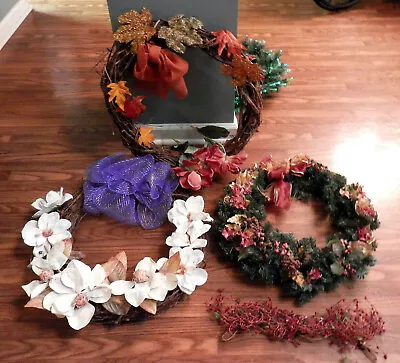 3 Wreath LOT Christmas Floral Wreath 2 Rattan Wreaths Berry + Magnolia Swags • $22.99