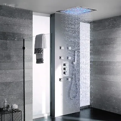 Shower Faucets Ceiling LED Rain Head Combo Set Thermostatic Valve Massage System • $179