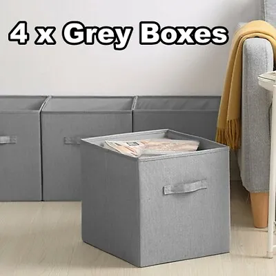 4x Foldable Square Fabric Storage Boxes Collapsible Folding Box Cube Drawer Grey • £11.89