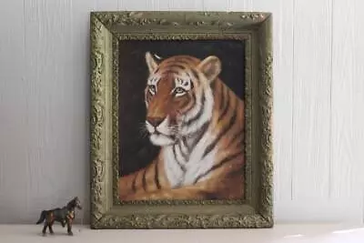 Vintage Large Painting Of Tiger In Antique Ornate Gold Gesso Frame 22  X 26  • $225