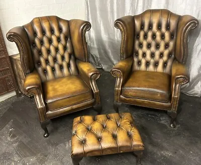 Chesterfield Queen Ann Chairs A Pair With A FootStool In  Antique Whiskey Tan • £995