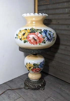 Vintage EF & EF Gone With The Wind Hurricane Parlor Floral Glass Table Lamp • $243