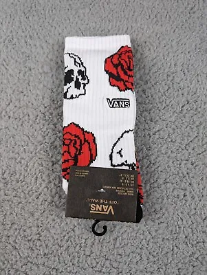 Vans Crew Socks Mens Womens 6.5-9 White Skull Red Roses Logo Skate Athletic NWT • $11.16