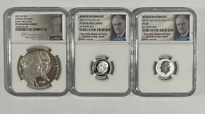 3 Coin March Of Dimes Set-2015 P & W NGC PF69 UC Dollar UC Dime Rev Proof Dime • $62