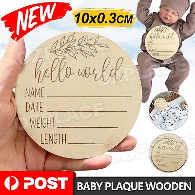Hello World Birth Announcement Plaque Wooden Disc New Baby Details Welcome Sign • $4.85