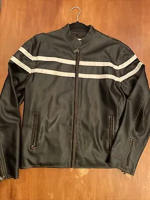 TOXIC HAZARD Faux Black Leather Lined Moto Racing Jacket W/ Stripes Mens Size L • $35