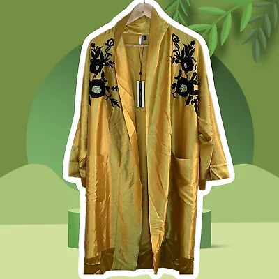 £30 • Buy Topshop Golden Yellow Long Kimono Style Jacket With Black Embroidered Flowers