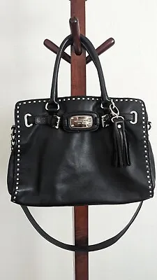 Michael Kors Hamilton Leather Black Silver Purse Satchel Crossbody Shoulder Bag! • $70