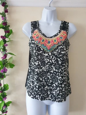 £14.99 • Buy Vintage RETRO Floral Black Top S 8 Beaded Milkmaid Lace Vest Boho Hippie Folk