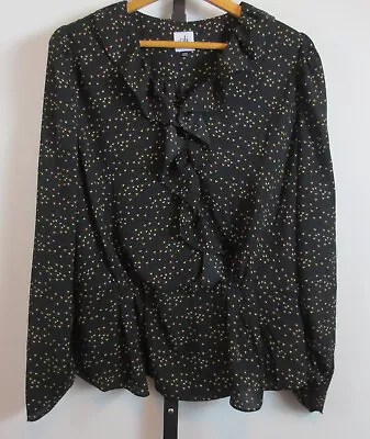 Cabi 4154 Eros Blouse Womens Size Large Ruffle Front Long Sleeve Black Hearts • $24.49