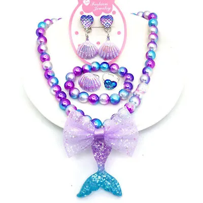 2-7Pcs Kids Girls Mermaid Beads Necklace Bracelet Ring Set Jewelry Baby Gift UK • £5.50
