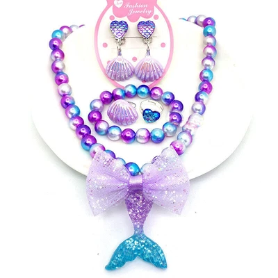2-7Pcs Kids Girls Mermaid Beads Necklace Bracelet Ring Set Jewelry Baby Gift UK • £5.50