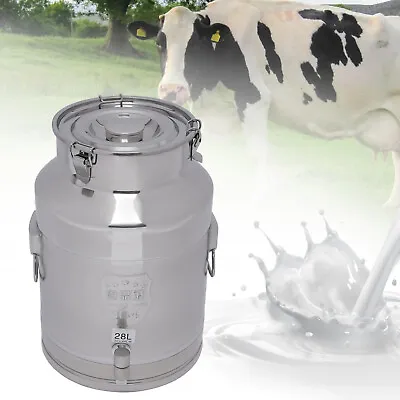 28L Stainless Steel Milk Can Wine Barrel Bucket Milk Storage Container W/ Faucet • $93.10