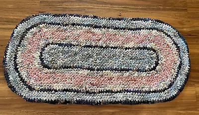 Vintage Handmade Cotton Rag Rug 41x19 Oval Crocheted Farmhouse Country Pink Blue • $25