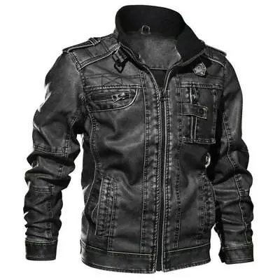 Men's Faux Leather Jackets Tactical Stand Collar Motorcycle Retro Biker Coats • $71.77