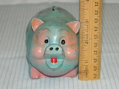 Vintage Cast Metal Iron Piggy Bank Painted Aqua Pink Farm Pig No Plug Key • $7.99