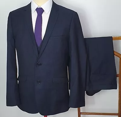 Mens 165 Navy Pinstripe 3 Piece Suit Jacket 42 L Waistcoat Trousers W 36 L L 32 • £14.99