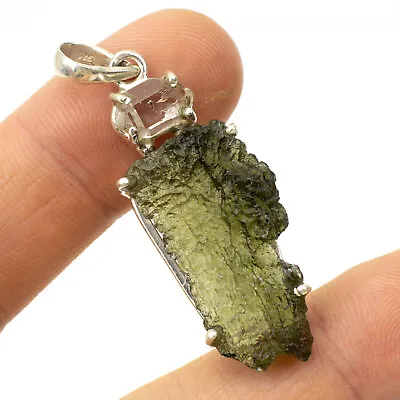 6.67gr MOLDAVITE Tektite With Herkimer - Pendant In Prongs Silver .925 #JM314 • $185.90