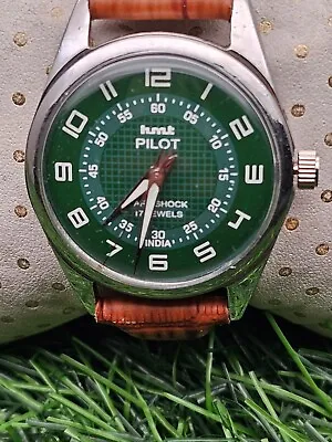 Beautiful Mens HMT Pilot Parashock Mechanical Wind 17J Watch Green Dial • $11.99