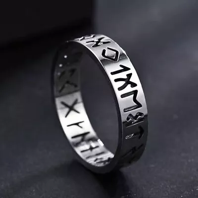 Silver Norse Viking Rune Band Ring Stainless Steel Jewelry Men Women Size 7-12 • $10.99